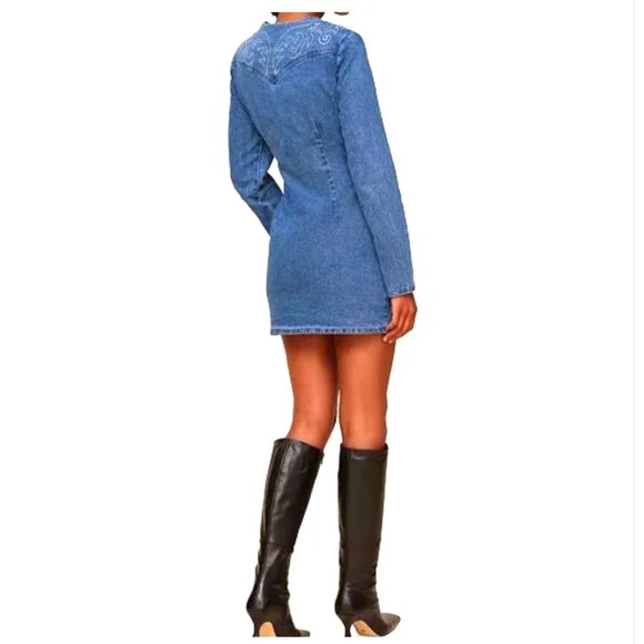 Avec Les Filles Western Embroidered Long Sleeve Denim Dress - Picture 3 of 12